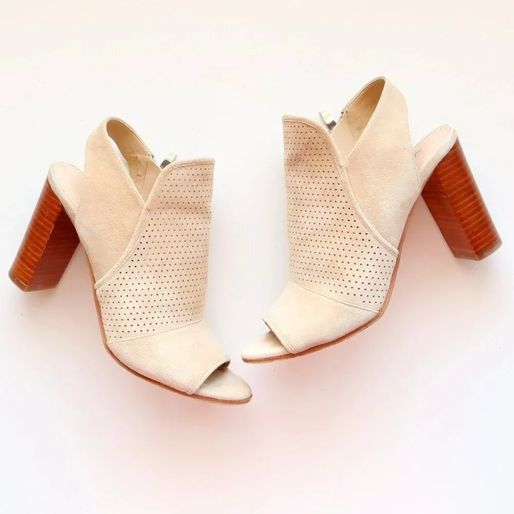 Via Spiga Beige Suede Leather Peep Toe Block Heel Perforated Bootie Shoes 5.5 - Picture 15 of 16